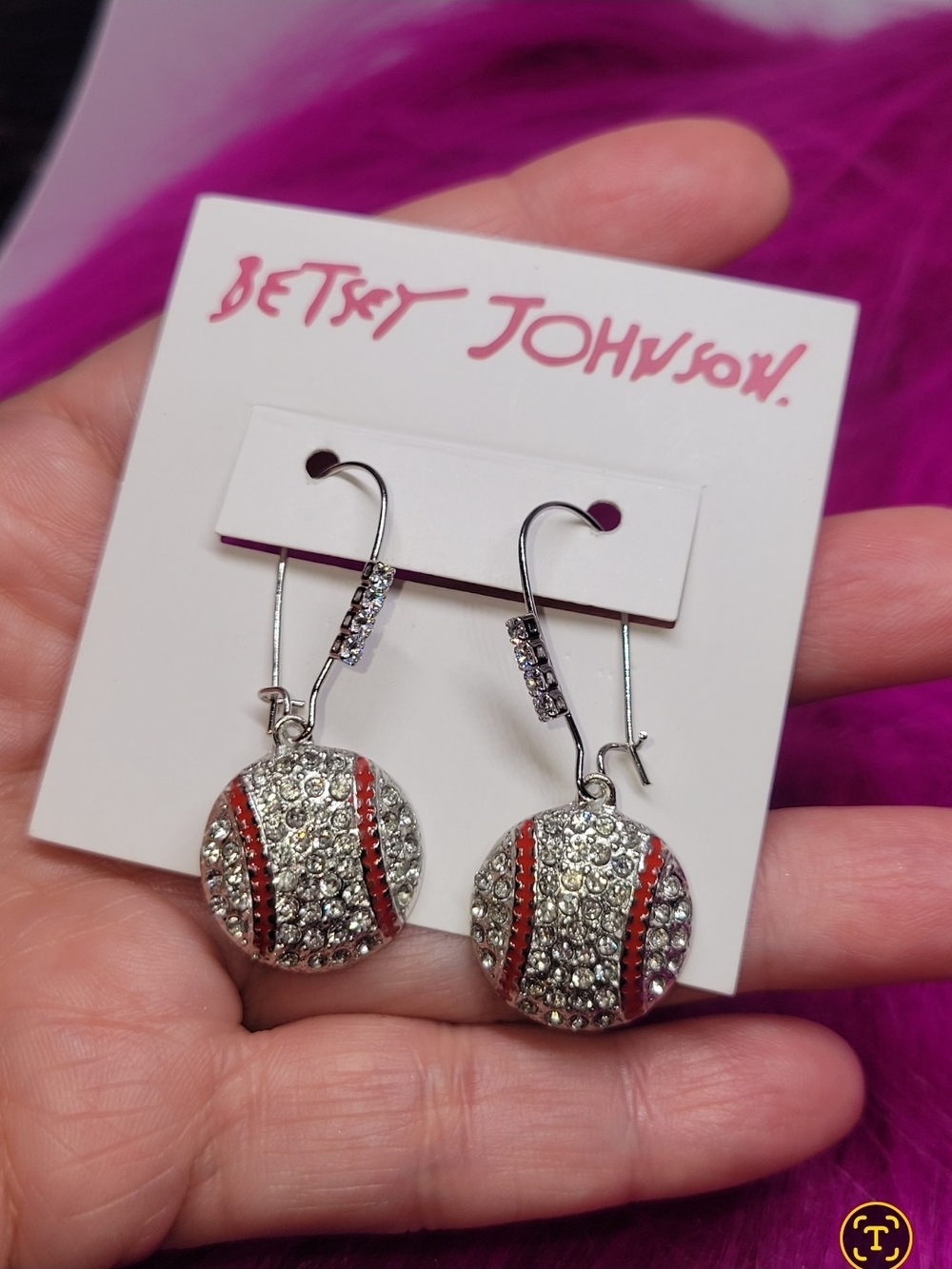 Silver Crystal Baseball Drop Earrings with Red Enamel Accents